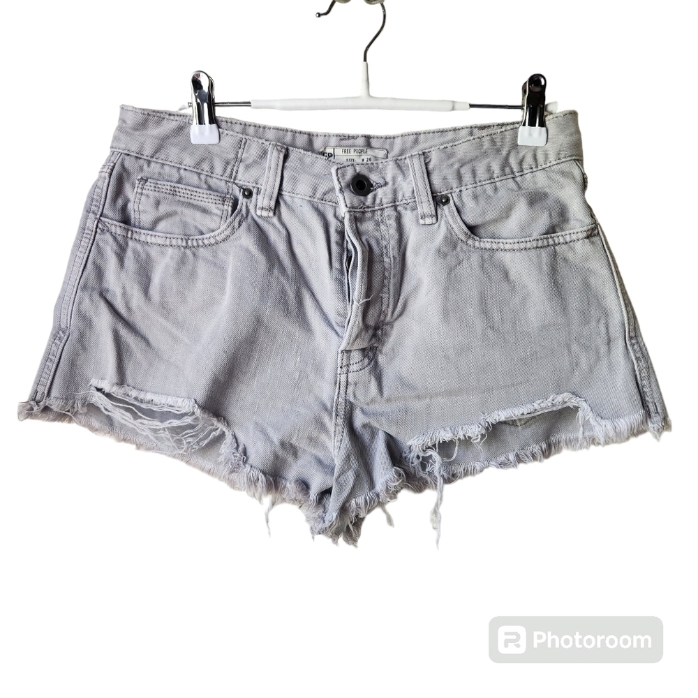 Free People Button Fly Cut Off Shorts Distress Mid Rise Gray Sz.26
